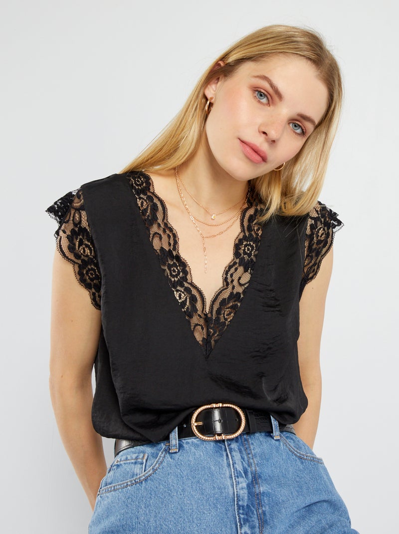 Blusa acetinada com renda Preto - Kiabi