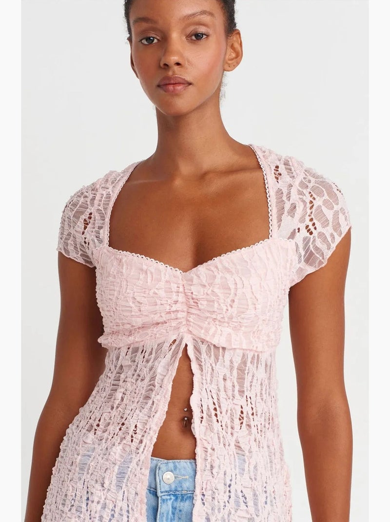 Blusa ajustada renda decote quadrado dilvin Rosa-pálido - Kiabi