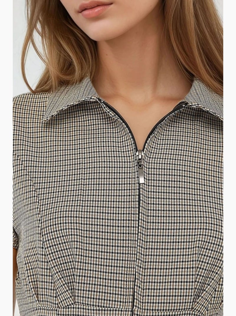 Blusa ajustada xadrez gola camisa hiccup Creme - Kiabi