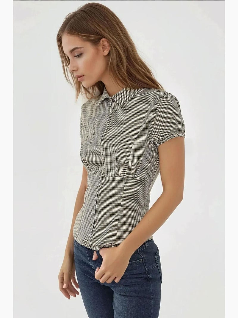 Blusa ajustada xadrez gola camisa hiccup Creme - Kiabi