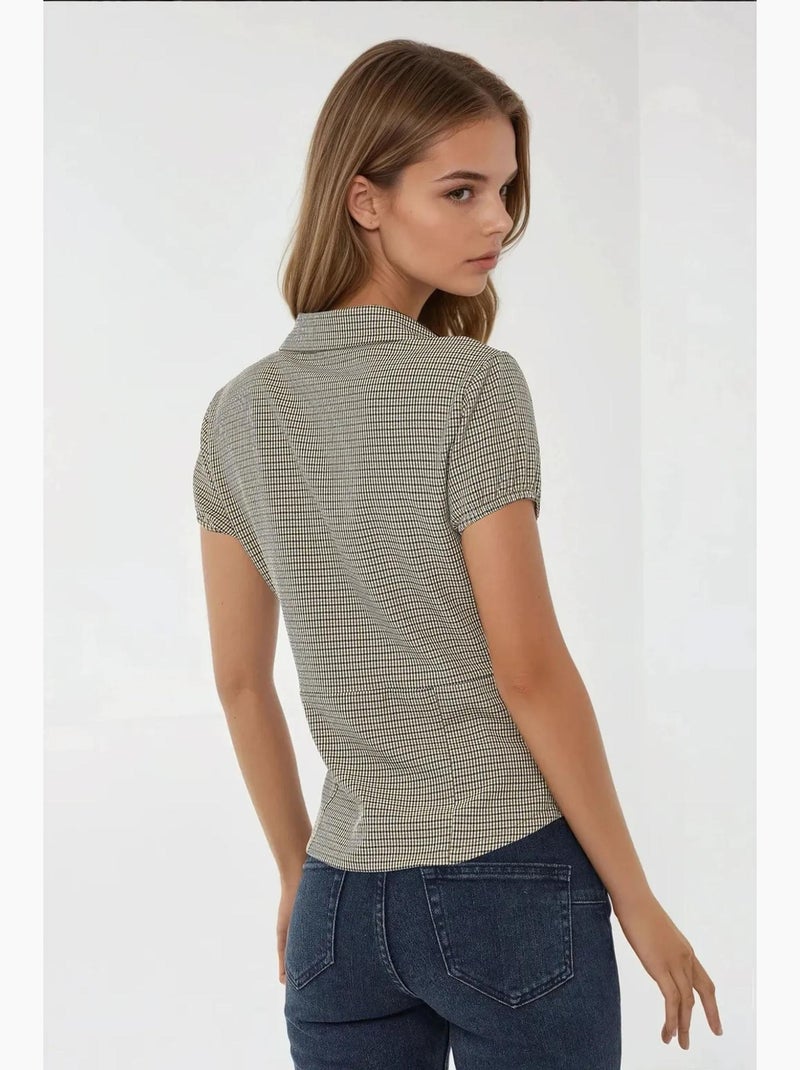 Blusa ajustada xadrez gola camisa hiccup Creme - Kiabi