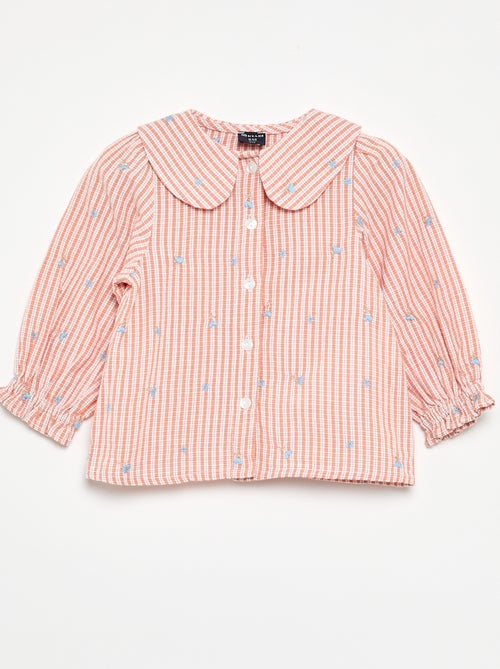 Blusa às riscas de manga comprida com bordados \'flores\' - Kiabi