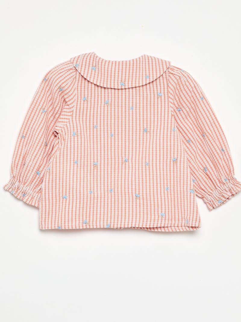 Blusa às riscas de manga comprida com bordados \'flores\' Rosa - Kiabi