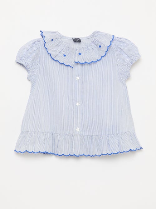 Blusa às riscas de manga curta e base com folhos - Kiabi
