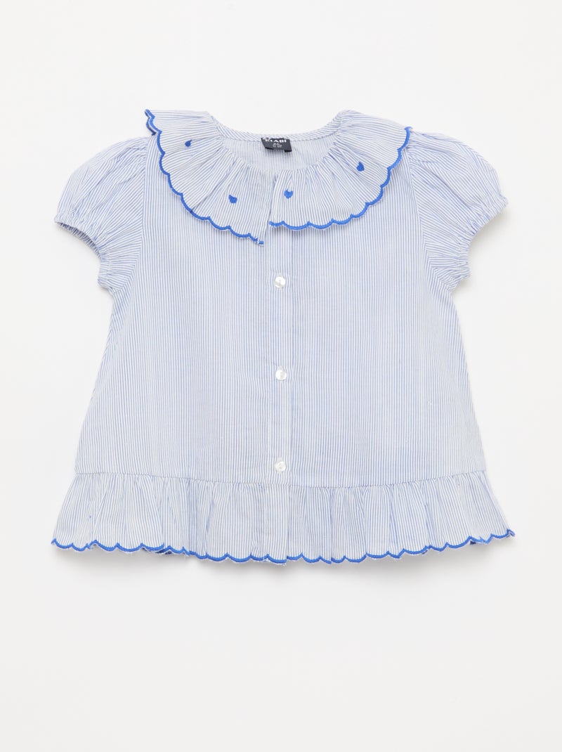 Blusa às riscas de manga curta e base com folhos Azul - Kiabi