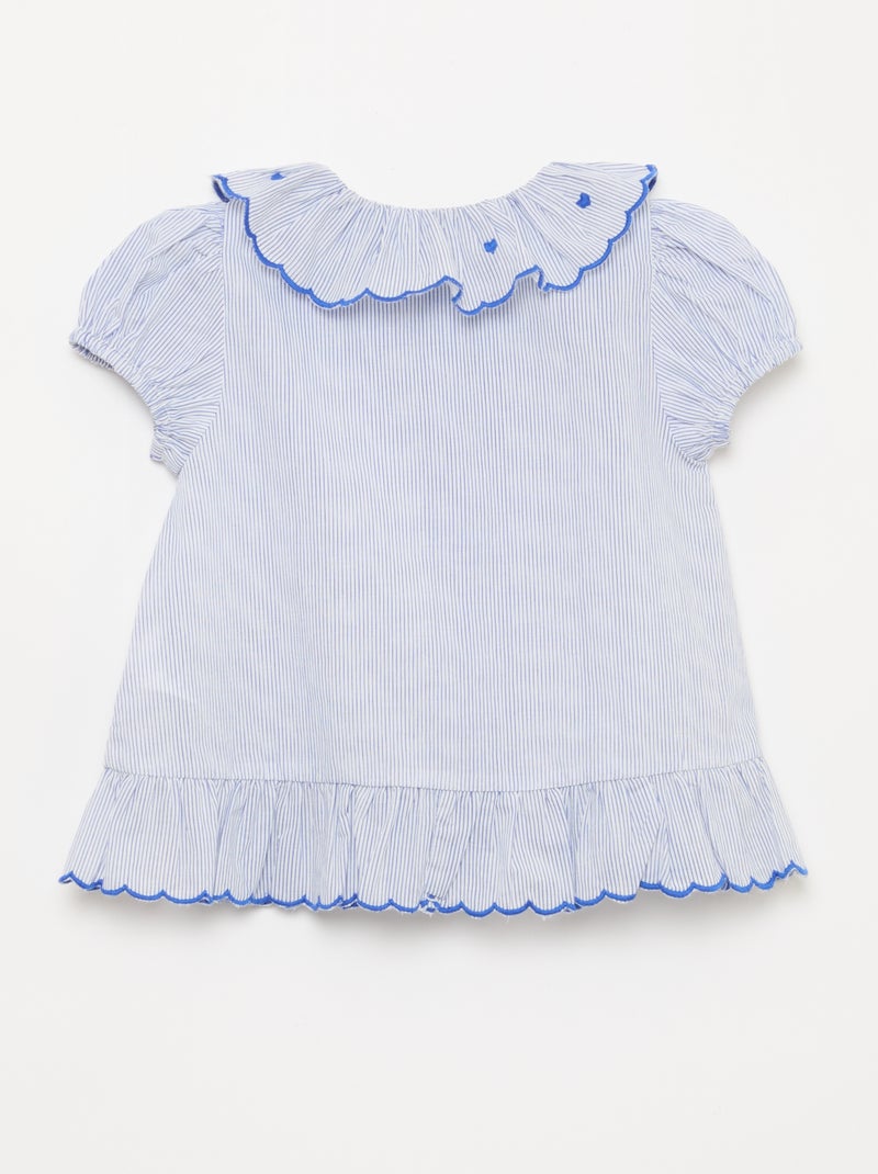 Blusa às riscas de manga curta e base com folhos Azul - Kiabi