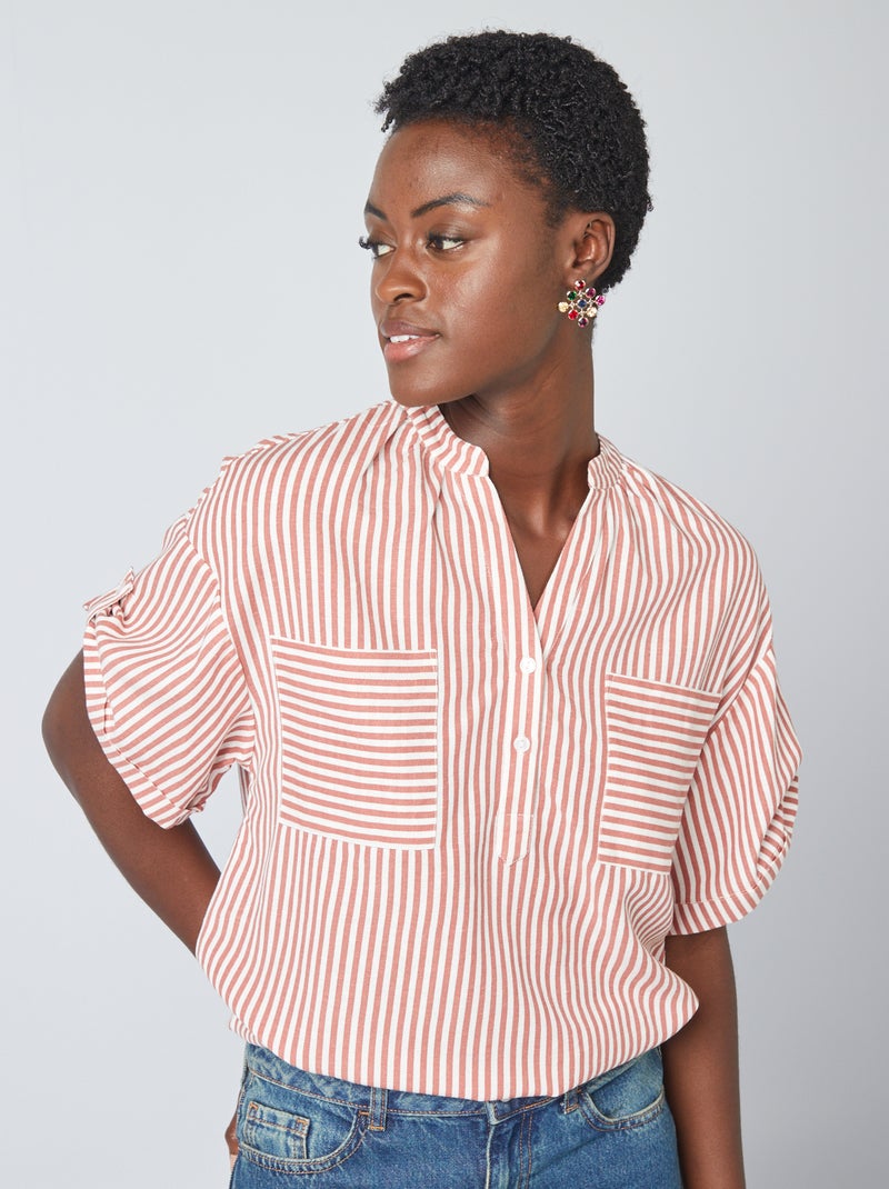 Blusa às riscas em linho misturado BEGE - Kiabi