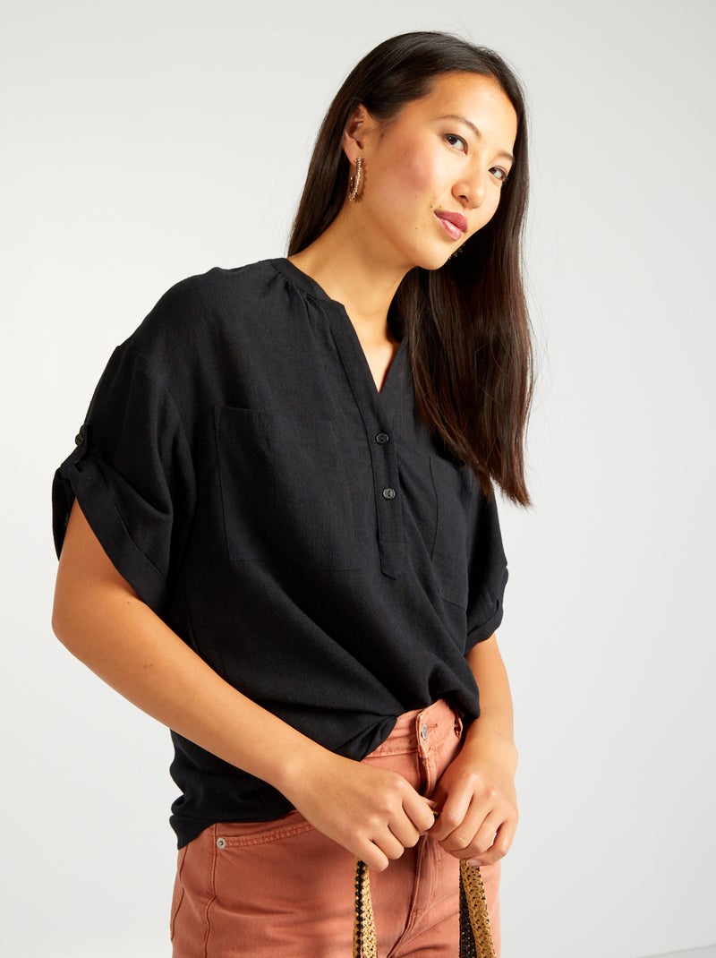 Blusa às riscas em linho misturado Preto - Kiabi