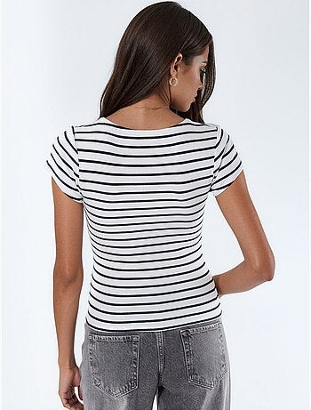 Blusa às riscas em mistura de algodão com decote em v busem