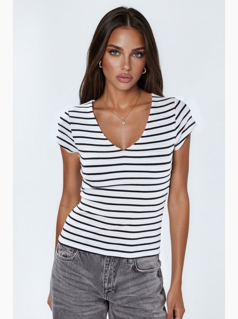 Blusa às riscas em mistura de algodão com decote em v busem Multicolorido - Kiabi