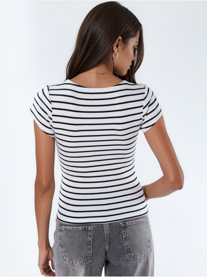 Blusa às riscas em mistura de algodão com decote em v busem Multicolorido - Kiabi