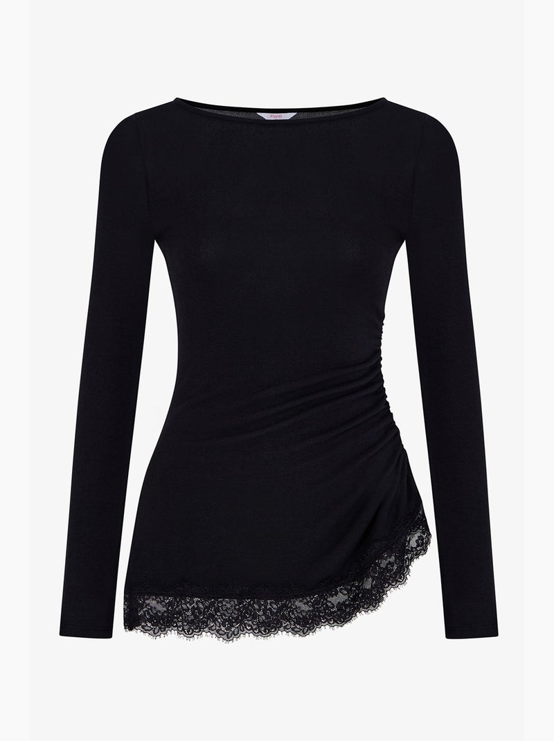 Blusa assimétrica com detalhe em renda e manga comprida penti Preto - Kiabi
