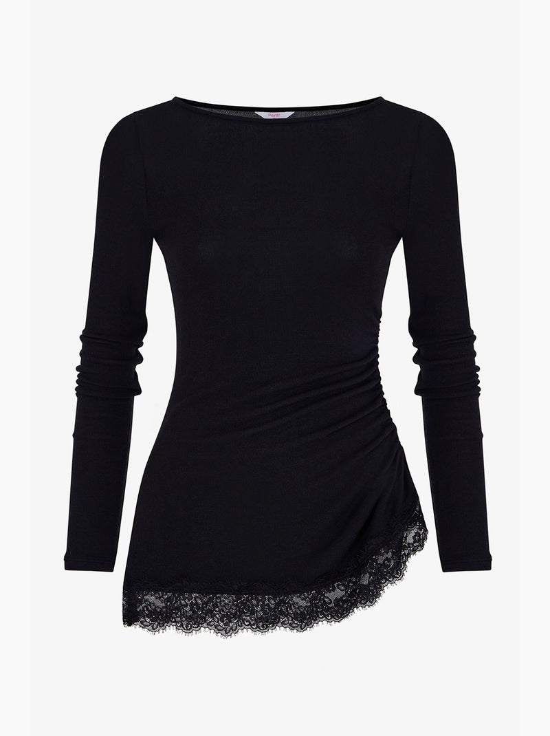Blusa assimétrica com detalhe em renda e manga comprida penti Preto - Kiabi