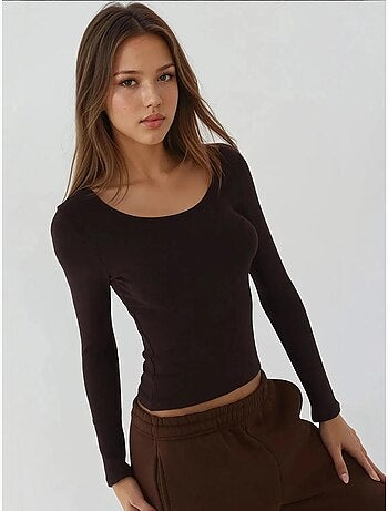 Blusa básica de malha com decote em u e manga comprida hiccup
