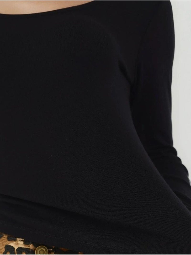 Blusa básica de malha com decote em u e manga comprida hiccup Preto - Kiabi