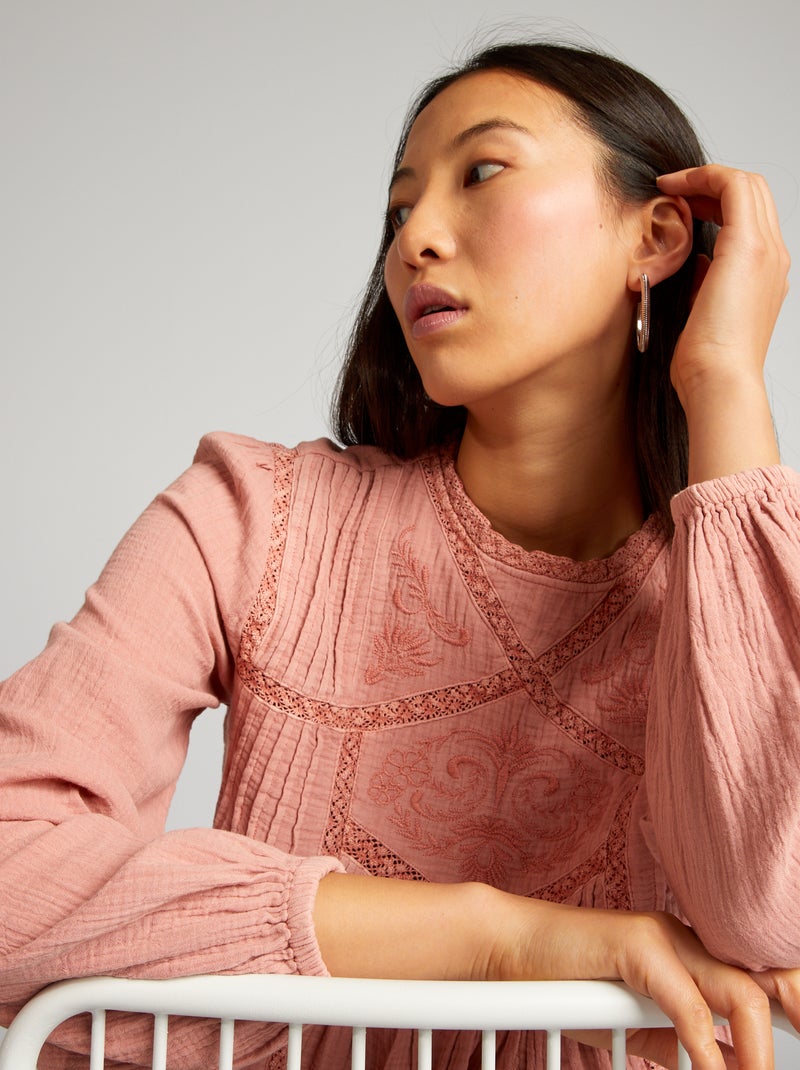 Blusa boémia em gaze de algodão ROSA - Kiabi