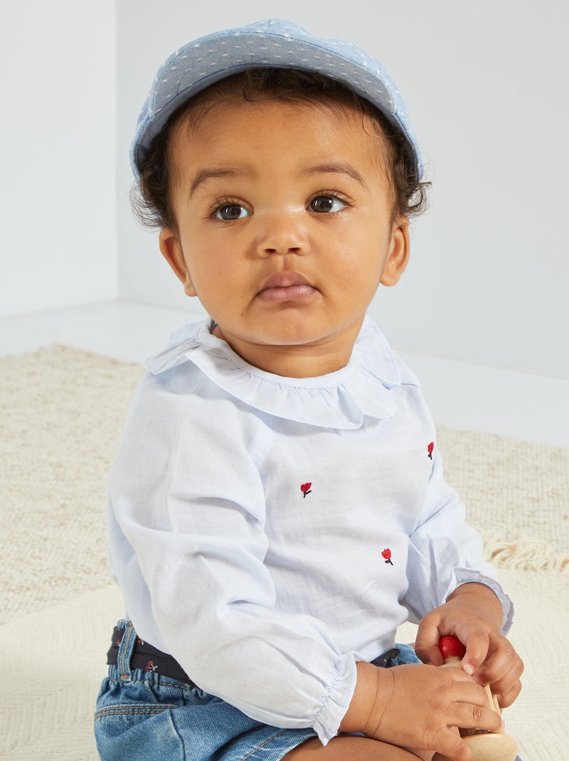 Blusa bordada com colarinho largo AZUL - Kiabi