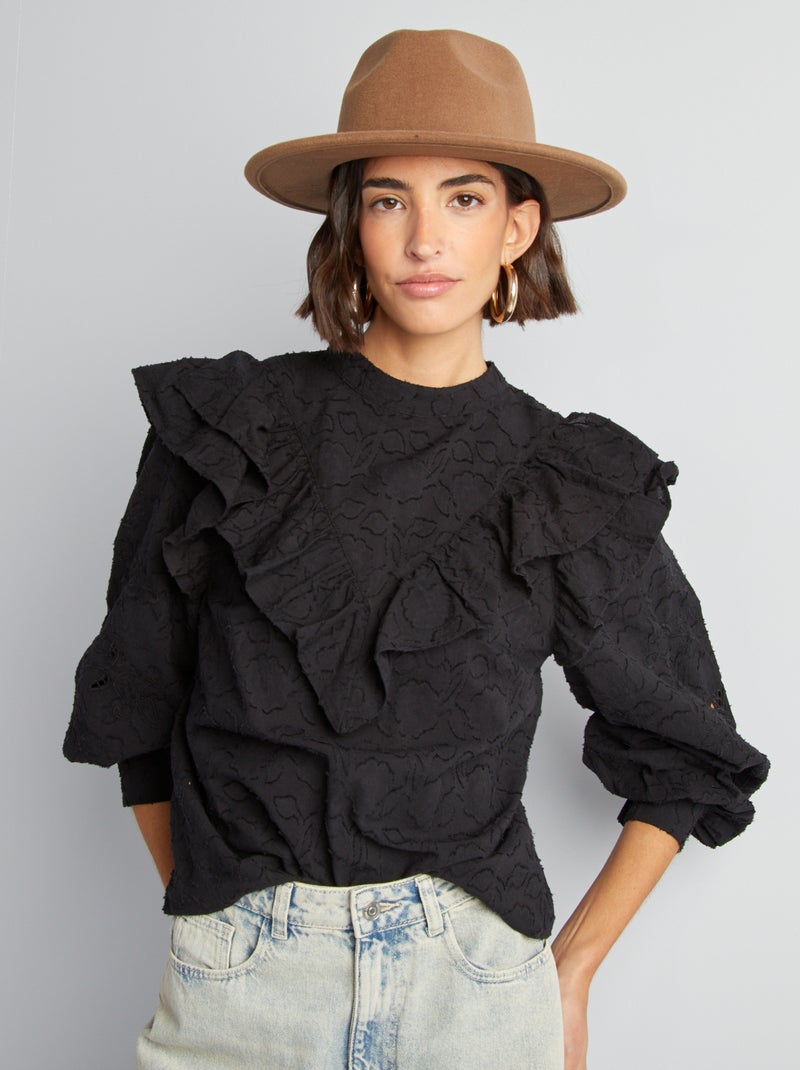 Blusa bordada com folhos Preto - Kiabi