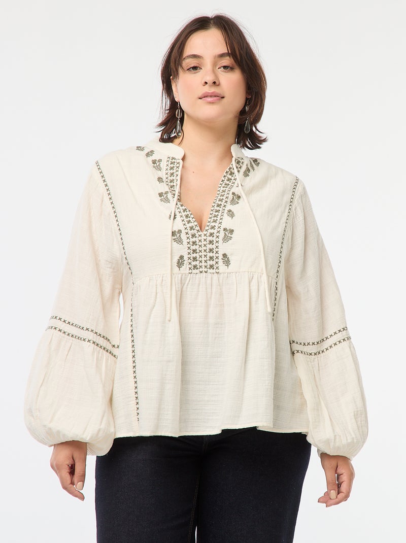 Blusa bordada de manga comprida Bege - Kiabi