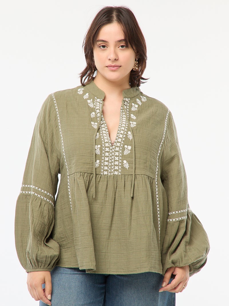 Blusa bordada de manga comprida Verde - Kiabi