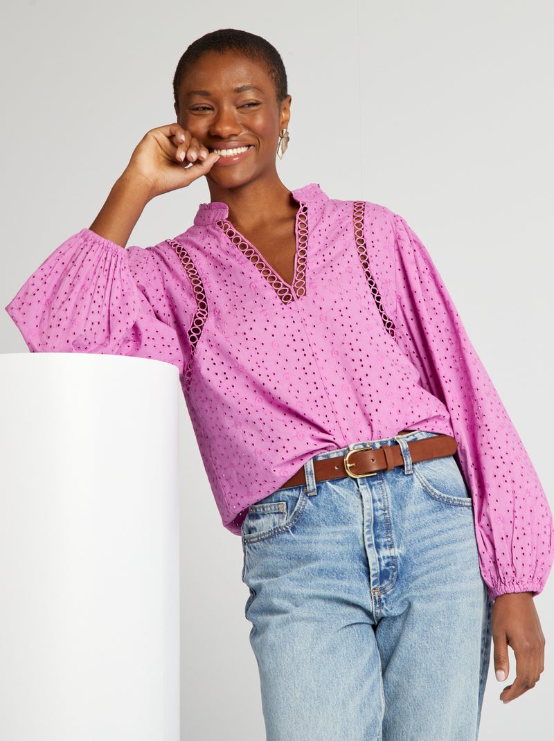 Blusa bordada e ajurada com gola em V ROSA - Kiabi