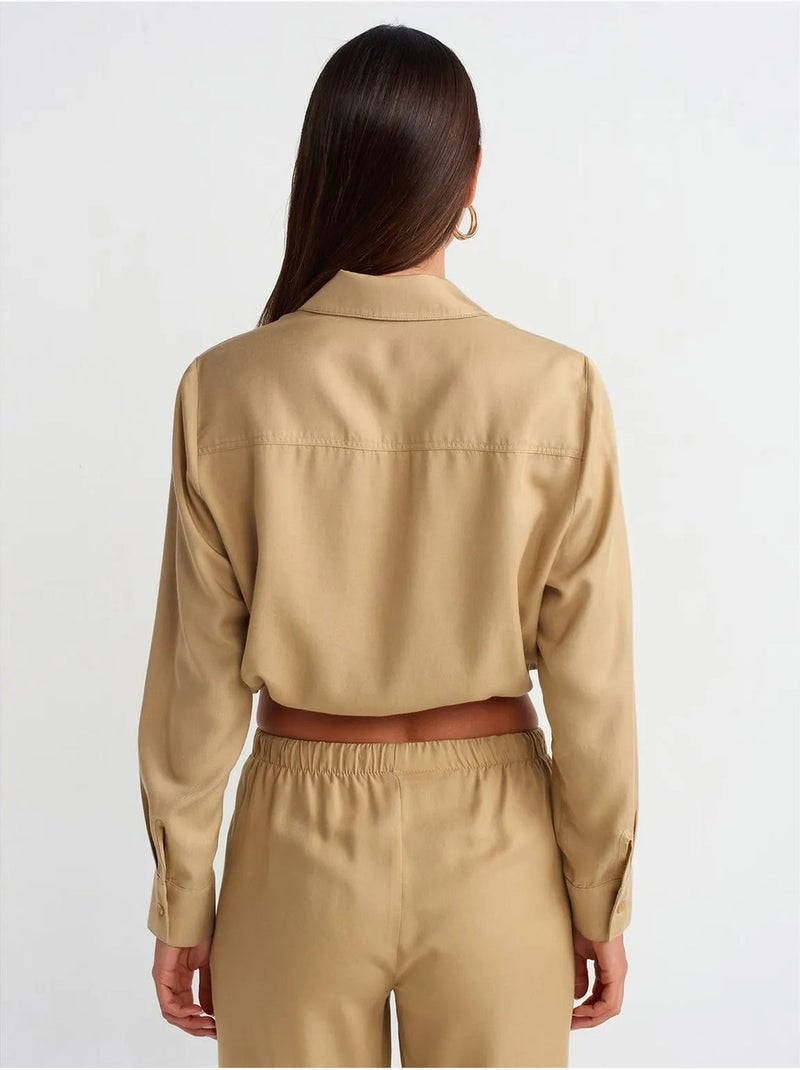 Blusa camisa cropped em tencel dilvin Camelo - Kiabi
