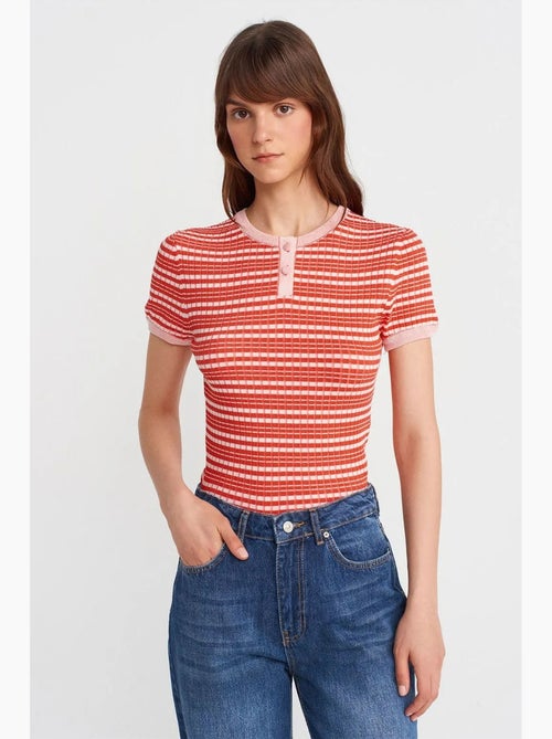 Blusa canelada às riscas com botões à frente dilvin - Kiabi