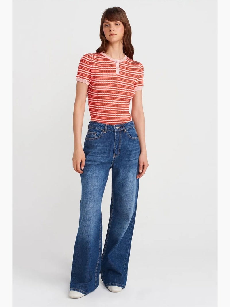 Blusa canelada às riscas com botões à frente dilvin Vermelho/Rosa - Kiabi
