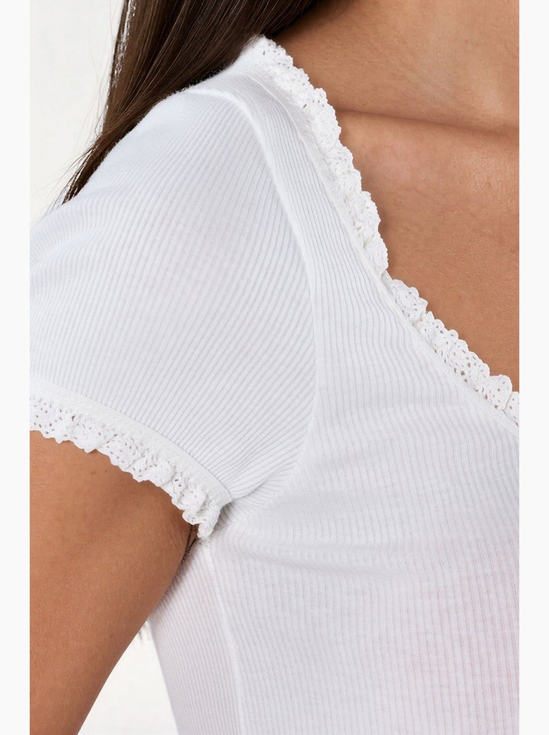Blusa canelada com decote em u de corte justo busem Branco - Kiabi