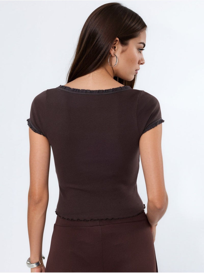 Blusa canelada com decote em u de corte justo busem Castanho-chocolate - Kiabi