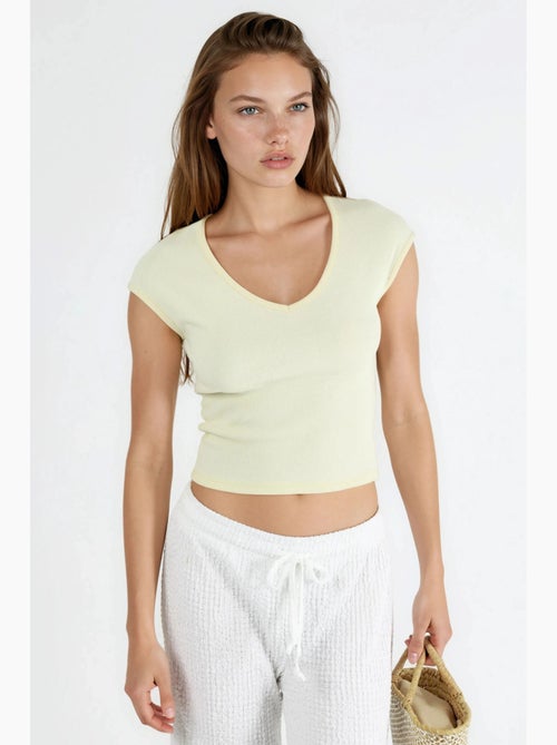 Blusa canelada com decote em v busem - Kiabi
