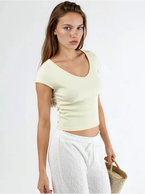 Blusa canelada com decote em v busem - Kiabi