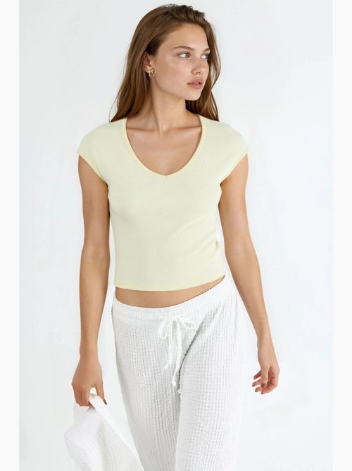 Blusa canelada com decote em v busem - Kiabi