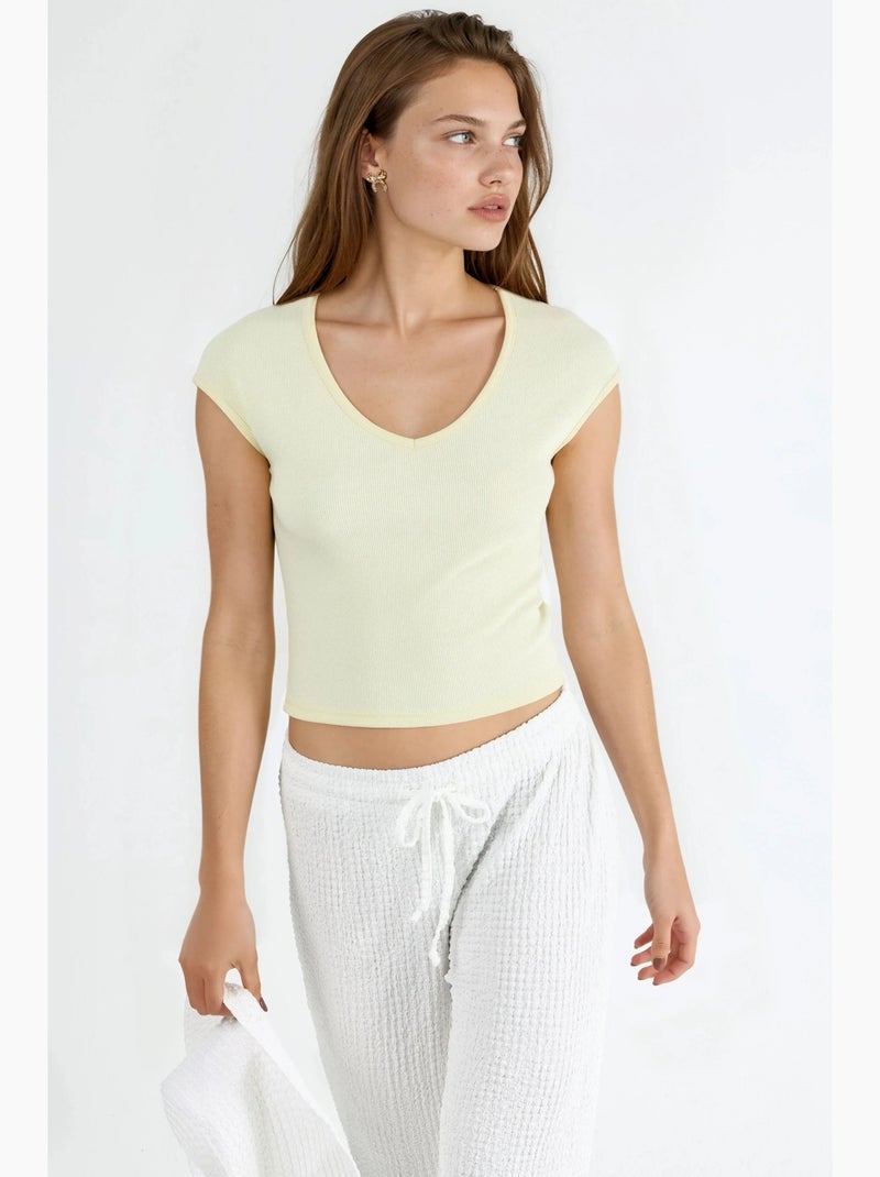 Blusa canelada com decote em v busem Amarelo-limão - Kiabi