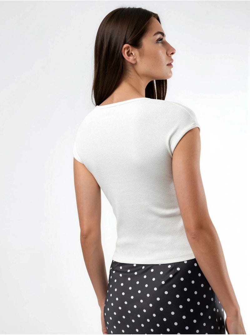 Blusa canelada com decote em v busem Branco - Kiabi