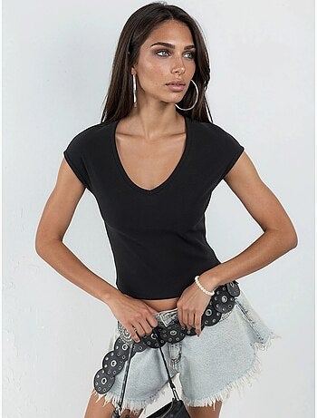 Blusa canelada com decote em v busem