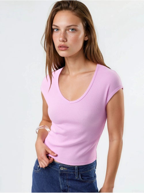 Blusa canelada com decote em v busem - Kiabi