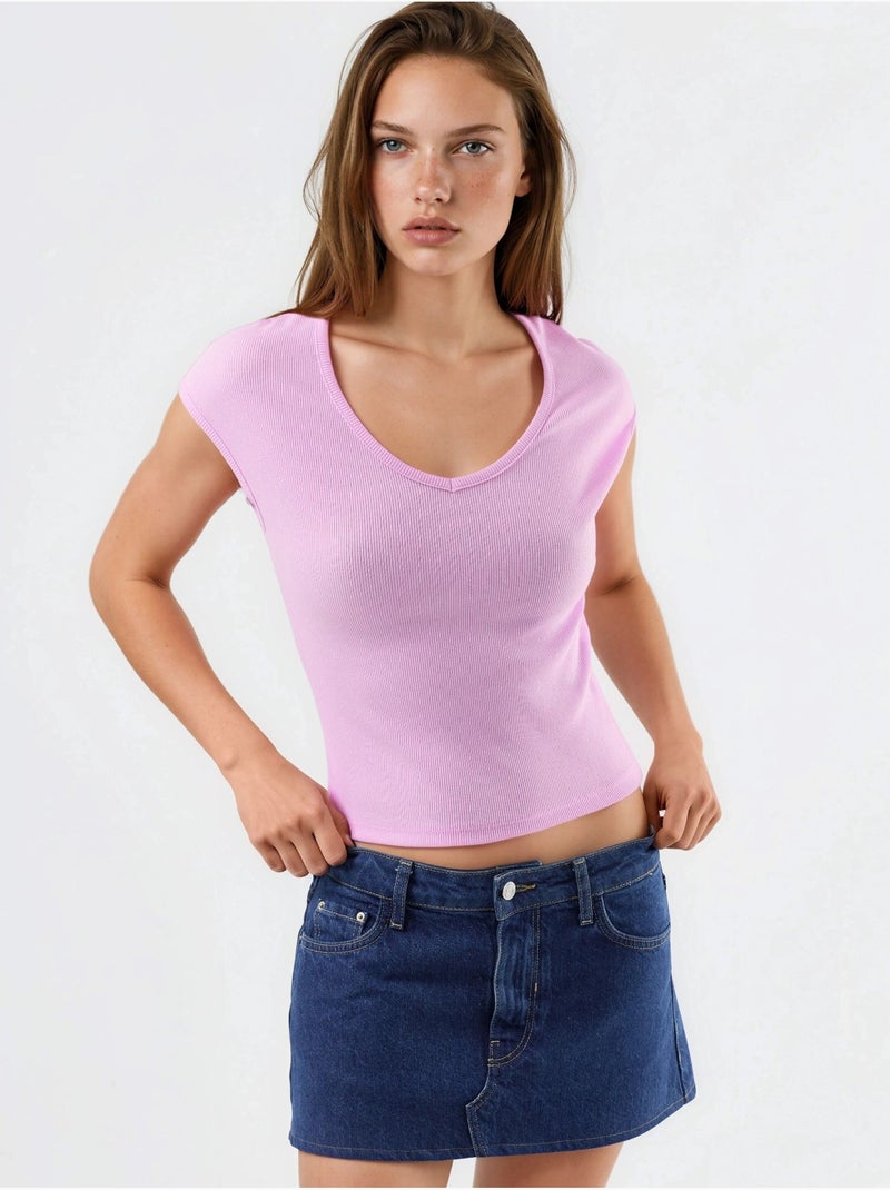 Blusa canelada com decote em v busem Rosa-pálido - Kiabi