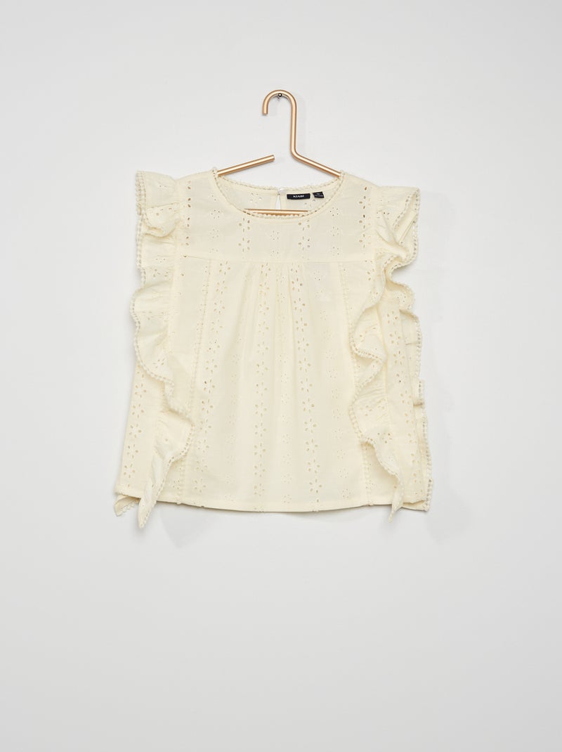 Blusa com bordado inglês e folhos BRANCO - Kiabi