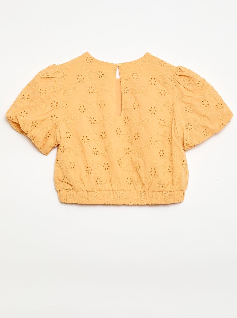 Blusa com bordados de flores e mangas curtas Bege - Kiabi
