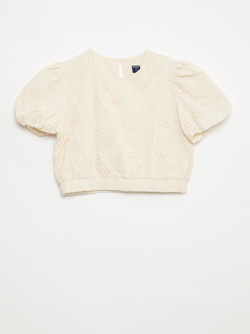 Blusa com bordados de flores e mangas curtas - Kiabi