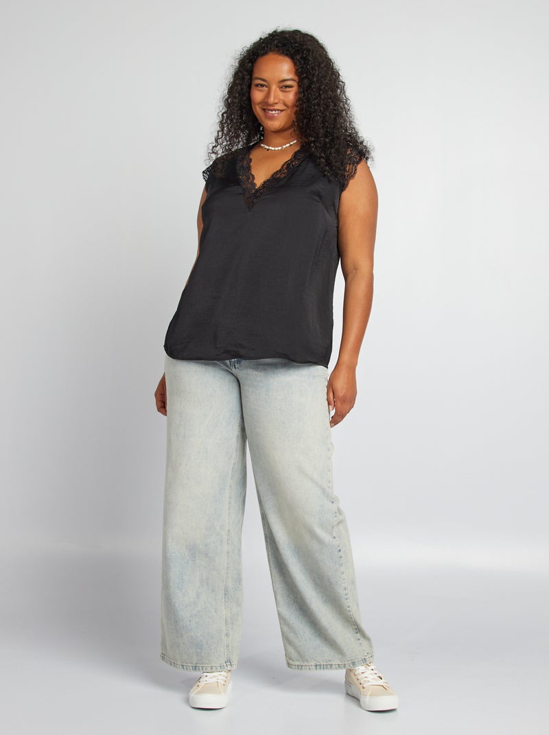 Blusa com decote em bico com renda Preto - Kiabi