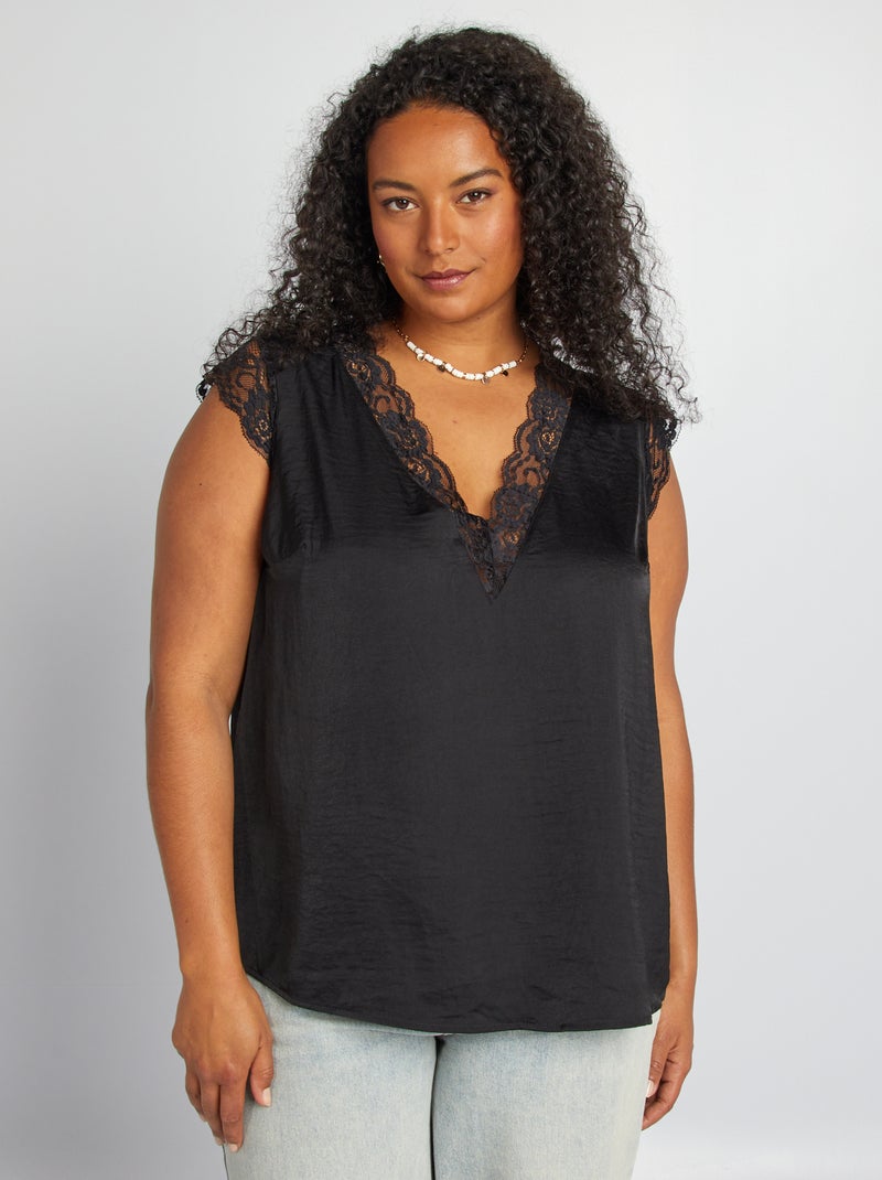 Blusa com decote em bico com renda Preto - Kiabi