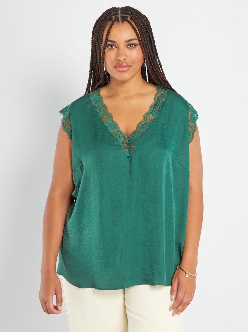 Blusa com decote em bico com renda Verde - Kiabi