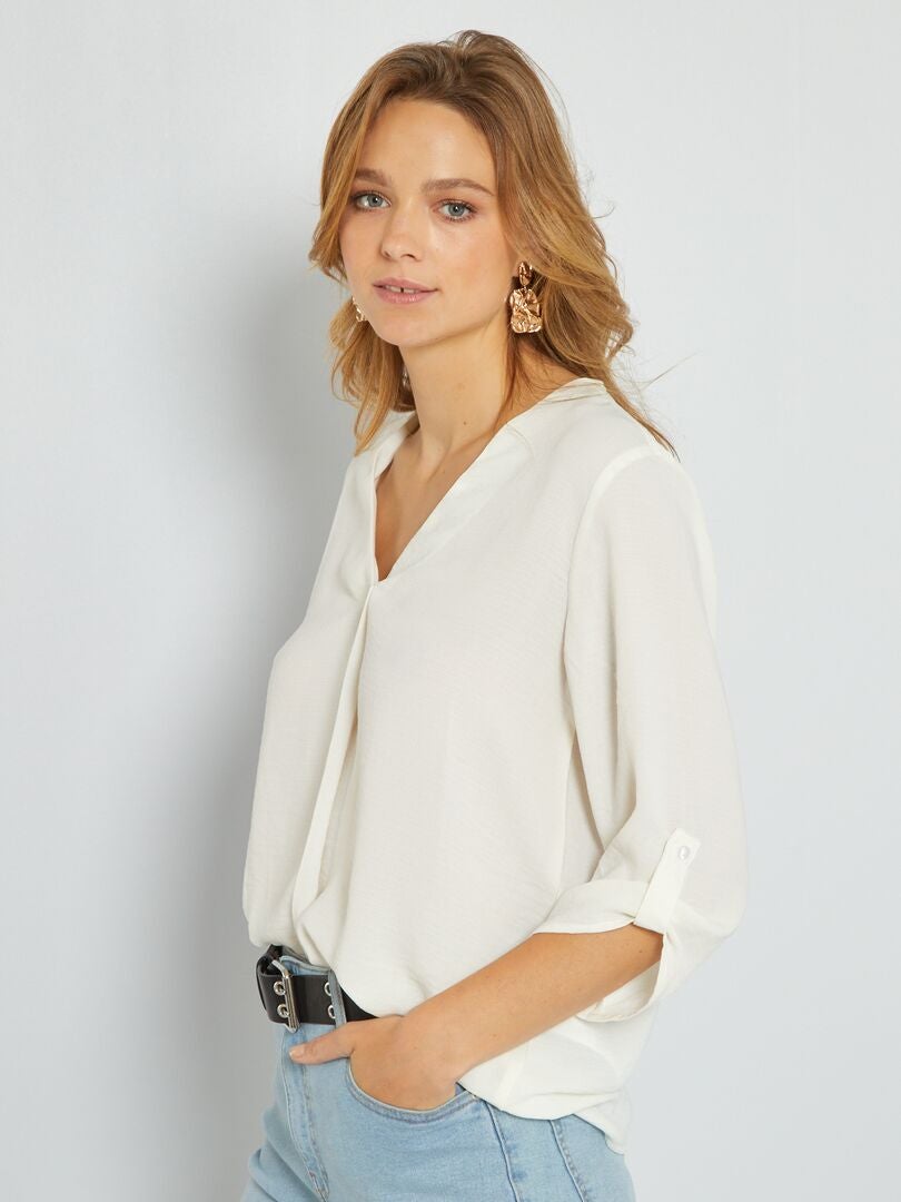 Blusa com decote em bico e manga comprida Branco - Kiabi