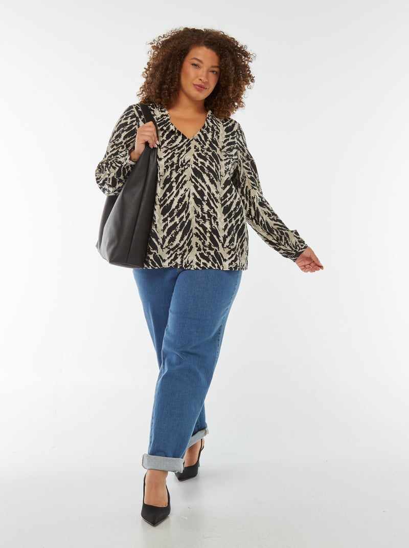 Blusa com decote em bico e mangas compridas com motivo Bege - Kiabi