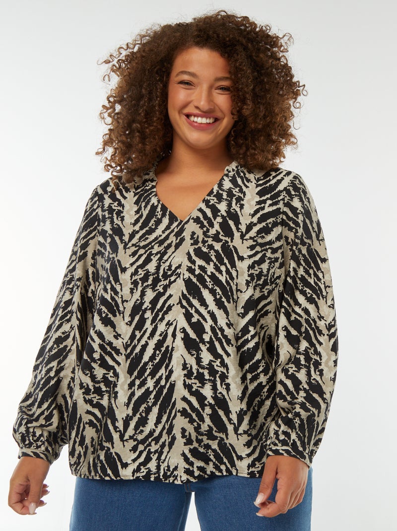 Blusa com decote em bico e mangas compridas com motivo Bege - Kiabi