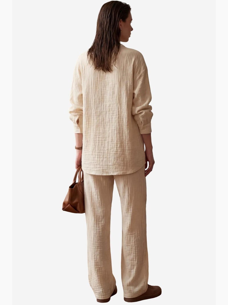 Blusa com decote em v e calças de perna larga em musselina conjunto de duas peças my fashion Bege-argila - Kiabi