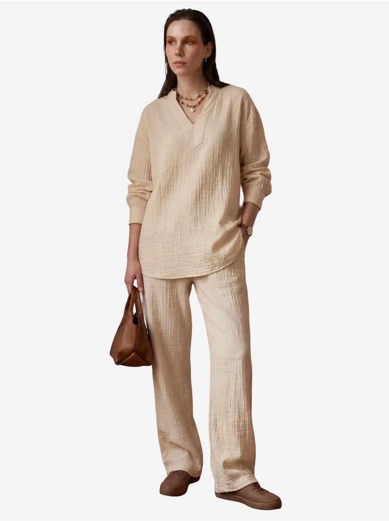Blusa com decote em v e calças de perna larga em musselina conjunto de duas peças my fashion Bege-argila - Kiabi