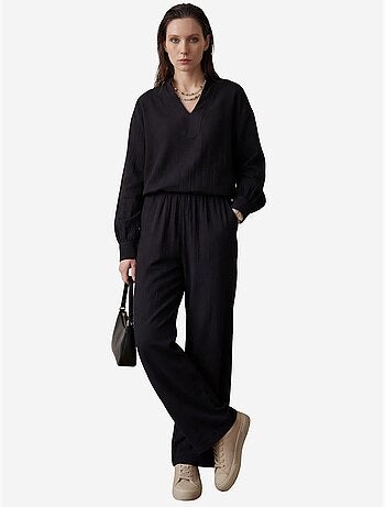 Blusa com decote em v e calças de perna larga em musselina conjunto de duas peças my fashion